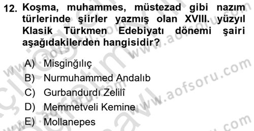 Çağdaş Türk Edebiyatları 1 Dersi 2023 - 2024 Yılı Yaz Okulu Sınav Soruları 12. Soru