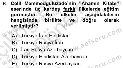 Çağdaş Türk Edebiyatları 1 Dersi 2024 - 2025 Yılı (Vize) Ara Sınav Soruları 6. Soru