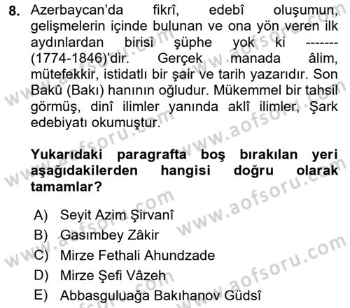 Çağdaş Türk Edebiyatları 1 Dersi 2024 - 2025 Yılı Yaz Okulu Sınav Soruları 8. Soru