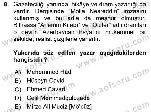 Çağdaş Türk Edebiyatları 1 Dersi 2024 - 2025 Yılı Yaz Okulu Sınav Soruları 9. Soru