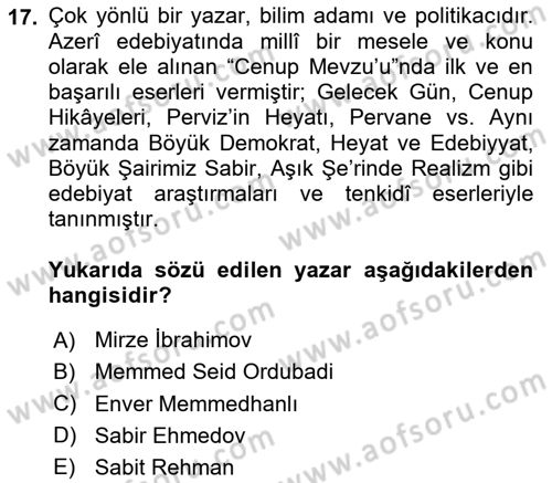 Çağdaş Türk Edebiyatları 1 Dersi 2025 - 2026 Yılı (Vize) Ara Sınav Soruları 17. Soru