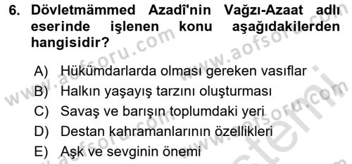 Çağdaş Türk Edebiyatları 1 Dersi 2025 - 2026 Yılı (Final) Dönem Sonu Sınav Soruları 6. Soru