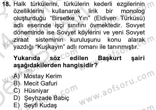 Çağdaş Türk Edebiyatları 2 Dersi 2013 - 2014 Yılı Tek Ders Sınav Soruları 18. Soru