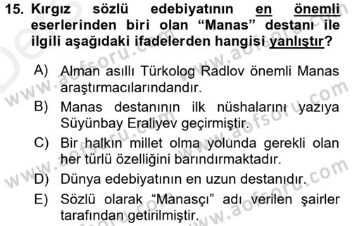 Çağdaş Türk Edebiyatları 2 Dersi 2015 - 2016 Yılı Tek Ders Sınav Soruları 15. Soru