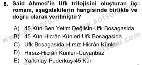 Çağdaş Türk Edebiyatları 2 Dersi 2015 - 2016 Yılı Tek Ders Sınav Soruları 8. Soru