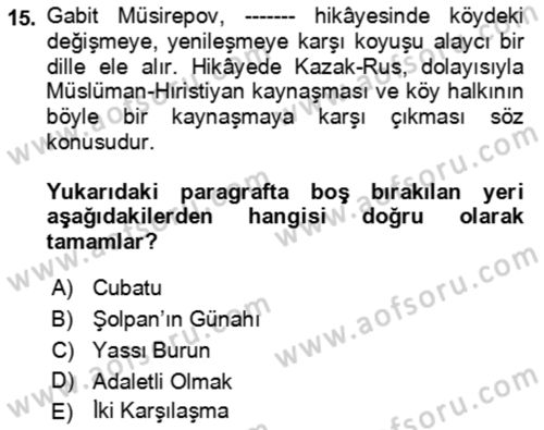 Çağdaş Türk Edebiyatları 2 Dersi 2021 - 2022 Yılı (Vize) Ara Sınav Soruları 15. Soru