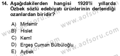 Çağdaş Türk Edebiyatları 2 Dersi 2023 - 2024 Yılı (Vize) Ara Sınav Soruları 14. Soru