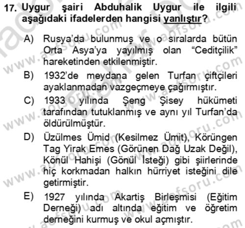 Çağdaş Türk Edebiyatları 2 Dersi 2023 - 2024 Yılı (Final) Dönem Sonu Sınav Soruları 17. Soru