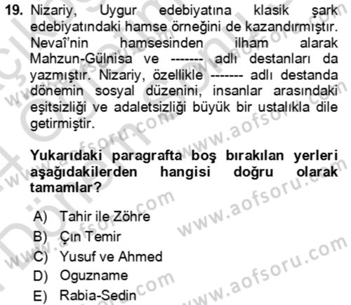 Çağdaş Türk Edebiyatları 2 Dersi 2023 - 2024 Yılı (Final) Dönem Sonu Sınav Soruları 19. Soru