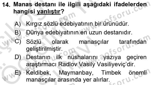 Çağdaş Türk Edebiyatları 2 Dersi Yaz Okulu Sınavı Deneme Sınav Soruları 14. Soru
