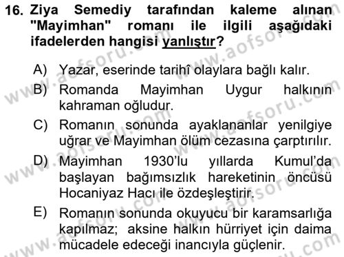 Çağdaş Türk Edebiyatları 2 Dersi 2024 - 2025 Yılı Yaz Okulu Sınav Soruları 16. Soru