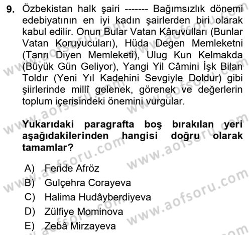 Çağdaş Türk Edebiyatları 2 Dersi 2024 - 2025 Yılı Yaz Okulu Sınav Soruları 9. Soru