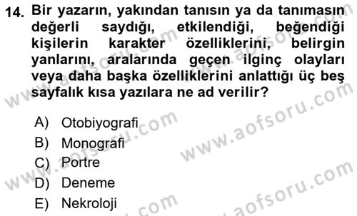 Cumhuriyet Dönemi Türk Nesri Dersi 2017 - 2018 Yılı 3 Ders Sınav Soruları 14. Soru