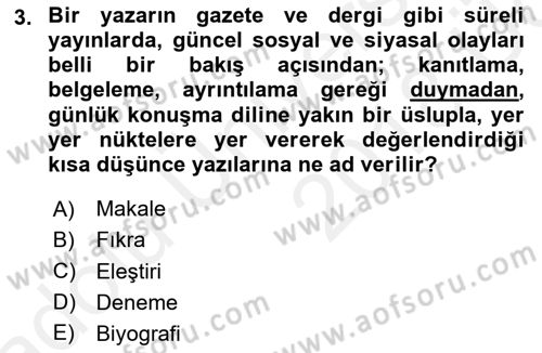 Cumhuriyet Dönemi Türk Nesri Dersi 2017 - 2018 Yılı 3 Ders Sınav Soruları 3. Soru