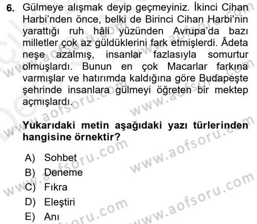 Cumhuriyet Dönemi Türk Nesri Dersi 2017 - 2018 Yılı 3 Ders Sınav Soruları 6. Soru