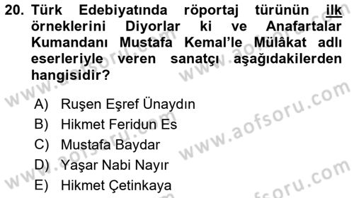 Cumhuriyet Dönemi Türk Nesri Dersi 2017 - 2018 Yılı (Final) Dönem Sonu Sınav Soruları 20. Soru