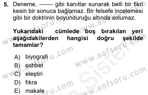 Cumhuriyet Dönemi Türk Nesri Dersi 2017 - 2018 Yılı (Final) Dönem Sonu Sınav Soruları 5. Soru