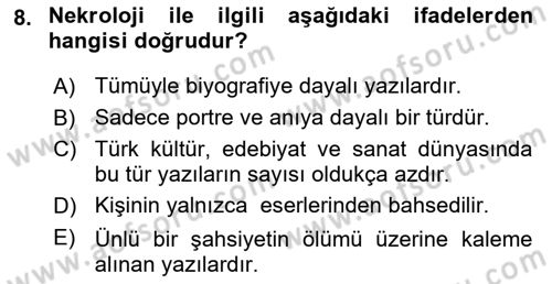 Cumhuriyet Dönemi Türk Nesri Dersi 2017 - 2018 Yılı (Final) Dönem Sonu Sınav Soruları 8. Soru