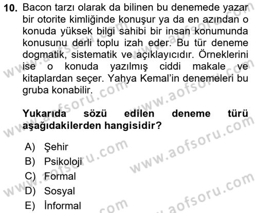 Cumhuriyet Dönemi Türk Nesri Dersi Ara Sınavı Deneme Sınav Soruları 10. Soru