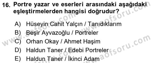 Cumhuriyet Dönemi Türk Nesri Dersi 2018 - 2019 Yılı Yaz Okulu Sınav Soruları 16. Soru