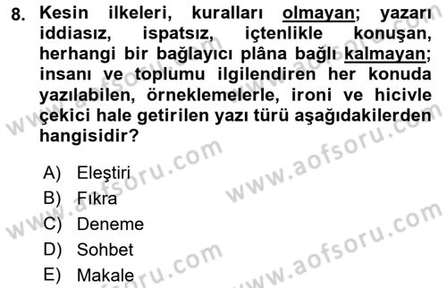 Cumhuriyet Dönemi Türk Nesri Dersi 2018 - 2019 Yılı Yaz Okulu Sınav Soruları 8. Soru