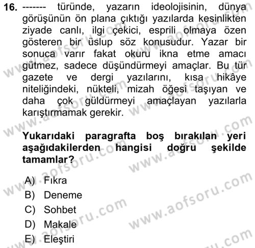 Cumhuriyet Dönemi Türk Nesri Dersi 2019 - 2020 Yılı (Vize) Ara Sınavı 16. Soru