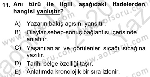 Cumhuriyet Dönemi Türk Nesri Dersi 2020 - 2021 Yılı Yaz Okulu Sınav Soruları 11. Soru