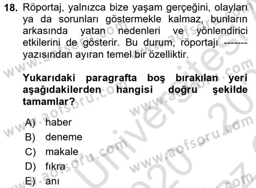 Cumhuriyet Dönemi Türk Nesri Dersi 2020 - 2021 Yılı Yaz Okulu Sınav Soruları 18. Soru