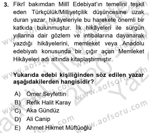 Cumhuriyet Dönemi Türk Nesri Dersi 2020 - 2021 Yılı Yaz Okulu Sınav Soruları 3. Soru