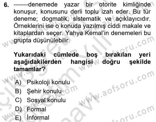 Cumhuriyet Dönemi Türk Nesri Dersi 2020 - 2021 Yılı Yaz Okulu Sınav Soruları 6. Soru