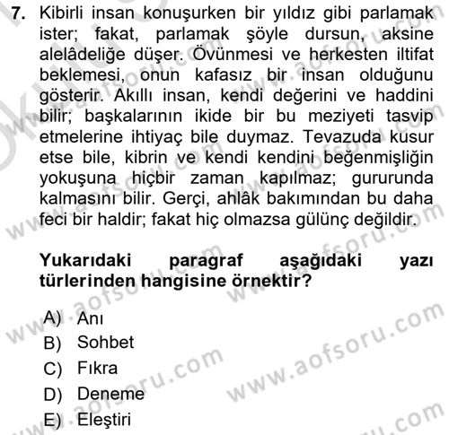 Cumhuriyet Dönemi Türk Nesri Dersi 2020 - 2021 Yılı Yaz Okulu Sınav Soruları 7. Soru