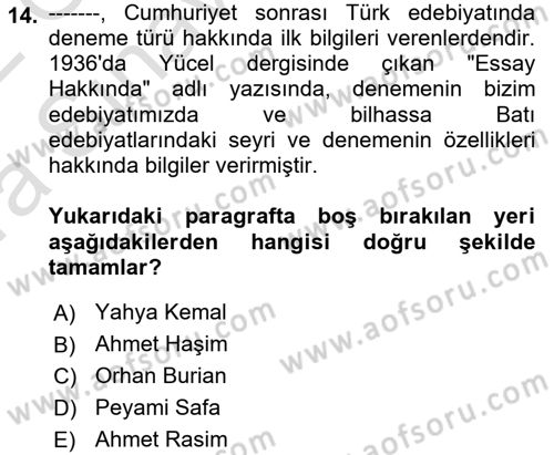 Cumhuriyet Dönemi Türk Nesri Dersi Ara Sınavı Deneme Sınav Soruları 14. Soru