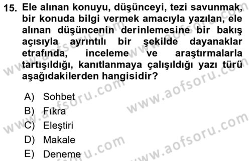 Cumhuriyet Dönemi Türk Nesri Dersi 2021 - 2022 Yılı (Vize) Ara Sınav Soruları 15. Soru