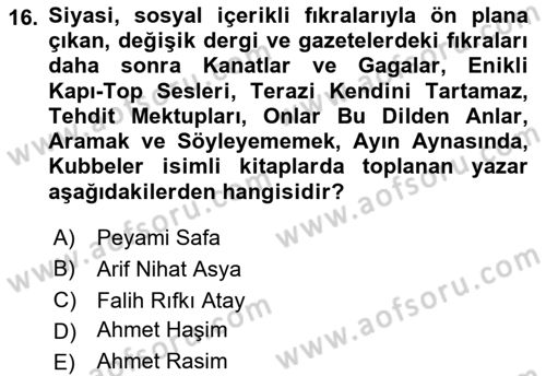 Cumhuriyet Dönemi Türk Nesri Dersi Ara Sınavı Deneme Sınav Soruları 16. Soru
