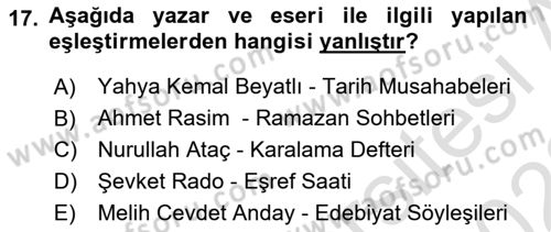 Cumhuriyet Dönemi Türk Nesri Dersi 2021 - 2022 Yılı (Vize) Ara Sınav Soruları 17. Soru