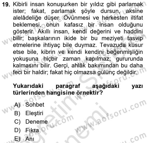 Cumhuriyet Dönemi Türk Nesri Dersi Ara Sınavı Deneme Sınav Soruları 19. Soru