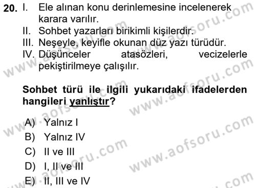 Cumhuriyet Dönemi Türk Nesri Dersi 2021 - 2022 Yılı (Vize) Ara Sınav Soruları 20. Soru