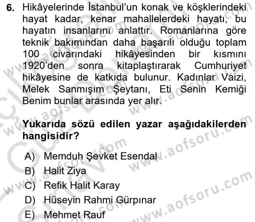 Cumhuriyet Dönemi Türk Nesri Dersi 2021 - 2022 Yılı (Vize) Ara Sınav Soruları 6. Soru