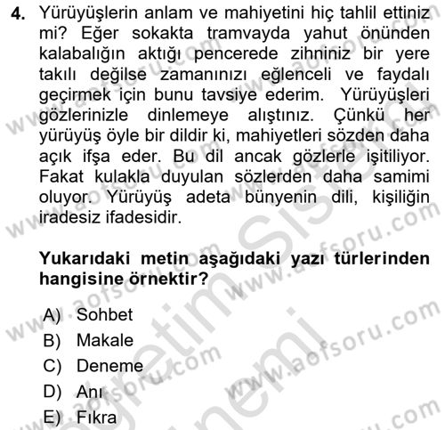 Cumhuriyet Dönemi Türk Nesri Dersi 2021 - 2022 Yılı (Final) Dönem Sonu Sınav Soruları 4. Soru