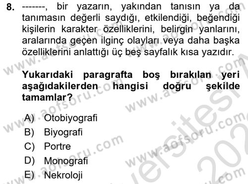 Cumhuriyet Dönemi Türk Nesri Dersi 2021 - 2022 Yılı (Final) Dönem Sonu Sınav Soruları 8. Soru