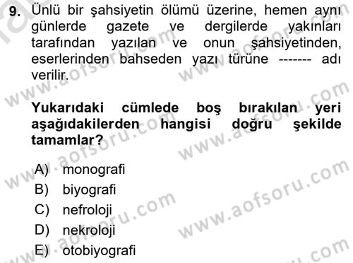 Cumhuriyet Dönemi Türk Nesri Dersi 2021 - 2022 Yılı (Final) Dönem Sonu Sınav Soruları 9. Soru