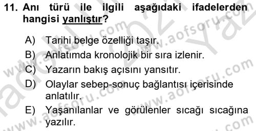 Cumhuriyet Dönemi Türk Nesri Dersi 2021 - 2022 Yılı Yaz Okulu Sınav Soruları 11. Soru