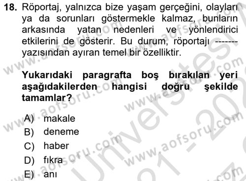 Cumhuriyet Dönemi Türk Nesri Dersi 2021 - 2022 Yılı Yaz Okulu Sınav Soruları 18. Soru