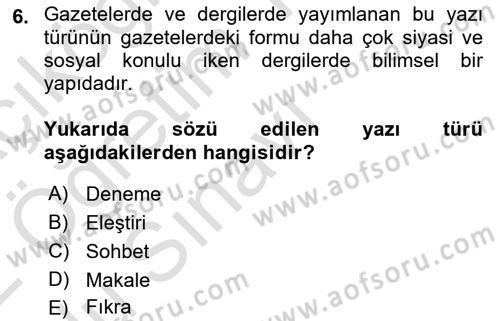 Cumhuriyet Dönemi Türk Nesri Dersi 2021 - 2022 Yılı Yaz Okulu Sınav Soruları 6. Soru