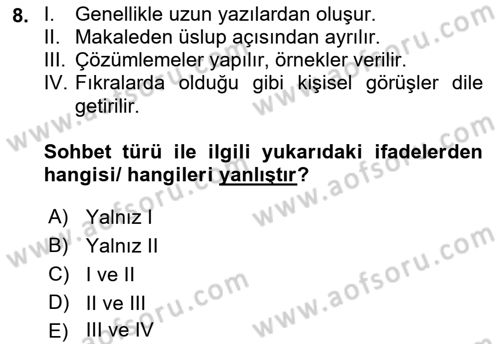 Cumhuriyet Dönemi Türk Nesri Dersi 2021 - 2022 Yılı Yaz Okulu Sınav Soruları 8. Soru
