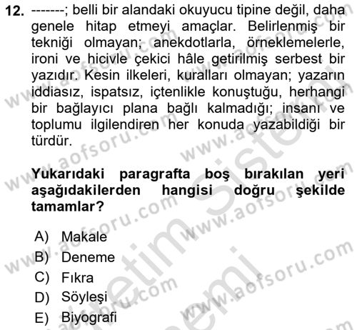 Cumhuriyet Dönemi Türk Nesri Dersi Ara Sınavı Deneme Sınav Soruları 12. Soru