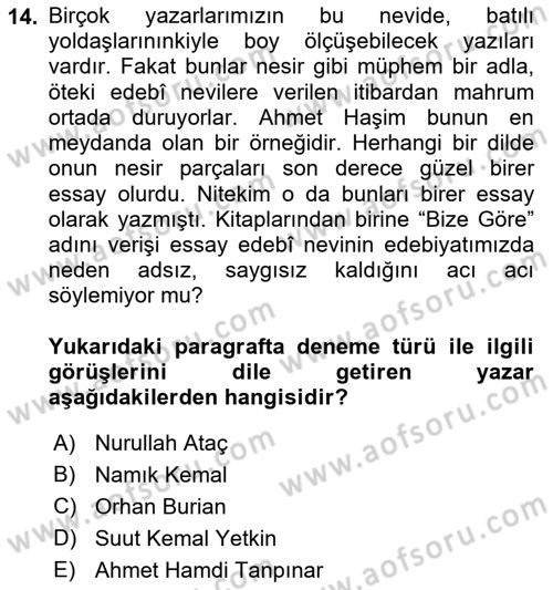 Cumhuriyet Dönemi Türk Nesri Dersi 2022 - 2023 Yılı (Vize) Ara Sınav Soruları 14. Soru