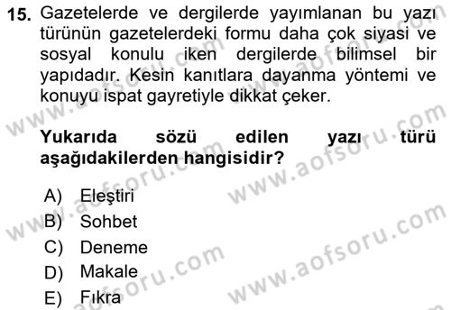 Cumhuriyet Dönemi Türk Nesri Dersi Ara Sınavı Deneme Sınav Soruları 15. Soru