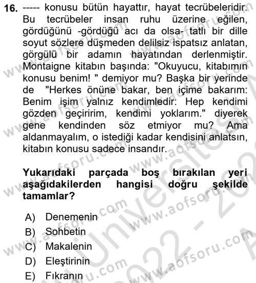 Cumhuriyet Dönemi Türk Nesri Dersi Ara Sınavı Deneme Sınav Soruları 16. Soru