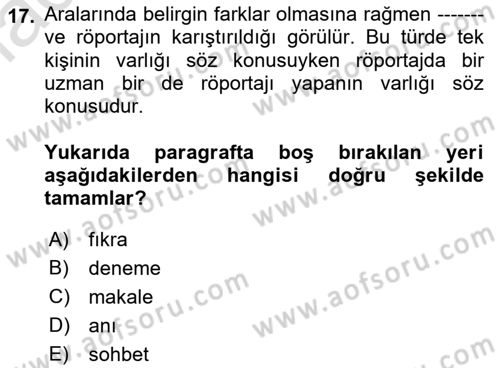 Cumhuriyet Dönemi Türk Nesri Dersi Ara Sınavı Deneme Sınav Soruları 17. Soru